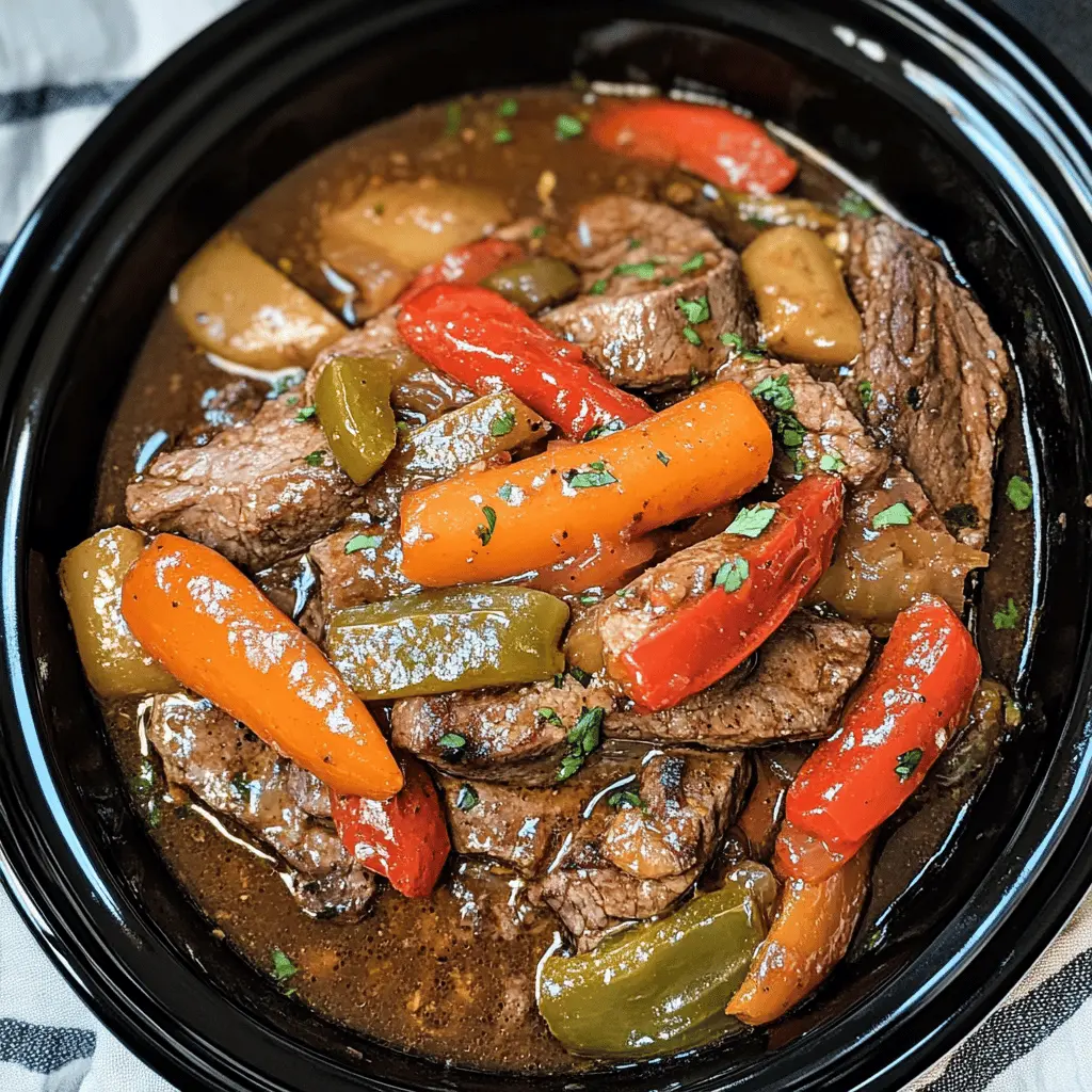 Tender beef, colorful bell peppers, and a rich sauce come together in this easy Crock Pot Pepper Steak recipe! Perfect for busy days, this dish is both hearty and satisfying. Serve it over rice for a complete meal that the whole family will love. Save this pin for your next weeknight dinner idea!