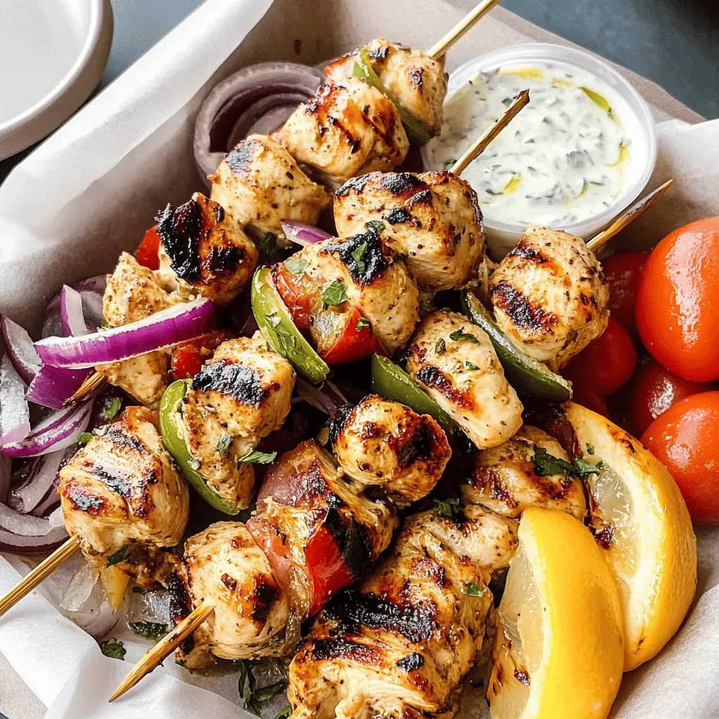 Juicy Greek Chicken Kabobs packed with vibrant flavors! Marinated in a blend of herbs, garlic, and lemon, these skewers are perfect for summer grilling or a quick weeknight dinner. Serve with tzatziki sauce for the ultimate taste experience. Save this recipe for your next cookout or family feast!