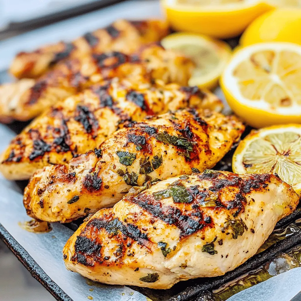 Juicy grilled chicken breasts bursting with zesty lemon and fragrant garlic make for a delightful main dish! This simple recipe is perfect for summer BBQs or quick weeknight dinners. Packed with flavor and healthy goodness, it’s sure to impress your family and friends. Save this pin for a tasty meal idea you'll want to make again and again!