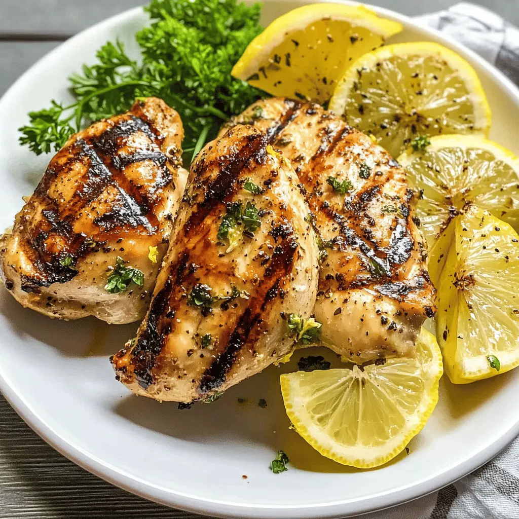 Juicy grilled lemon chicken that's bursting with bright flavors! This easy recipe features tender chicken marinated in fresh lemon juice, garlic, and herbs, perfect for summer barbecues or weeknight dinners. Ideal for serving with a fresh side salad or grilled veggies. Save this recipe for your next meal—it's sure to impress family and friends!