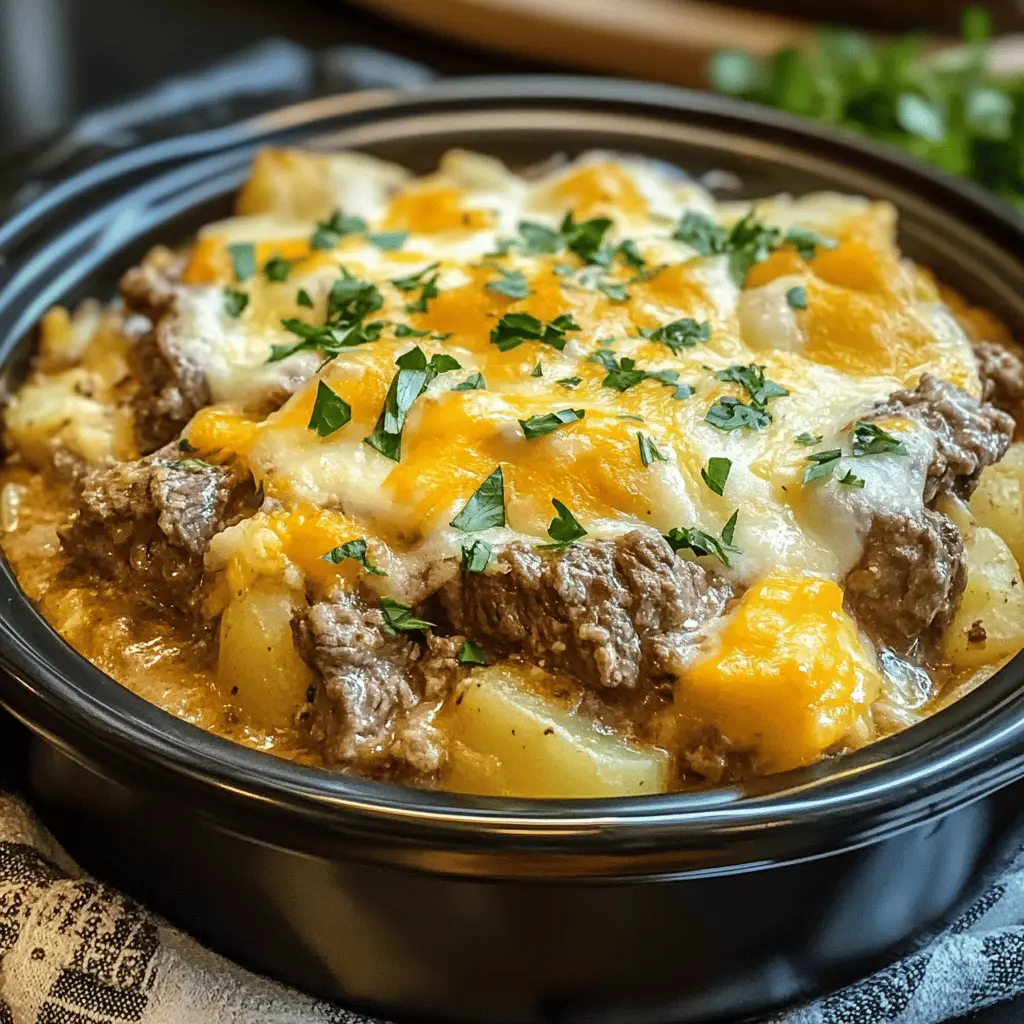 Warm up with this comforting Slow Cooker Steak and Cheddar Potato Casserole! Tender steak, creamy cheddar cheese, and hearty potatoes come together in this simple, delicious dish. Perfect for busy weeknights or family gatherings, just set it and forget it! Save this recipe to make mealtime a breeze any day.
